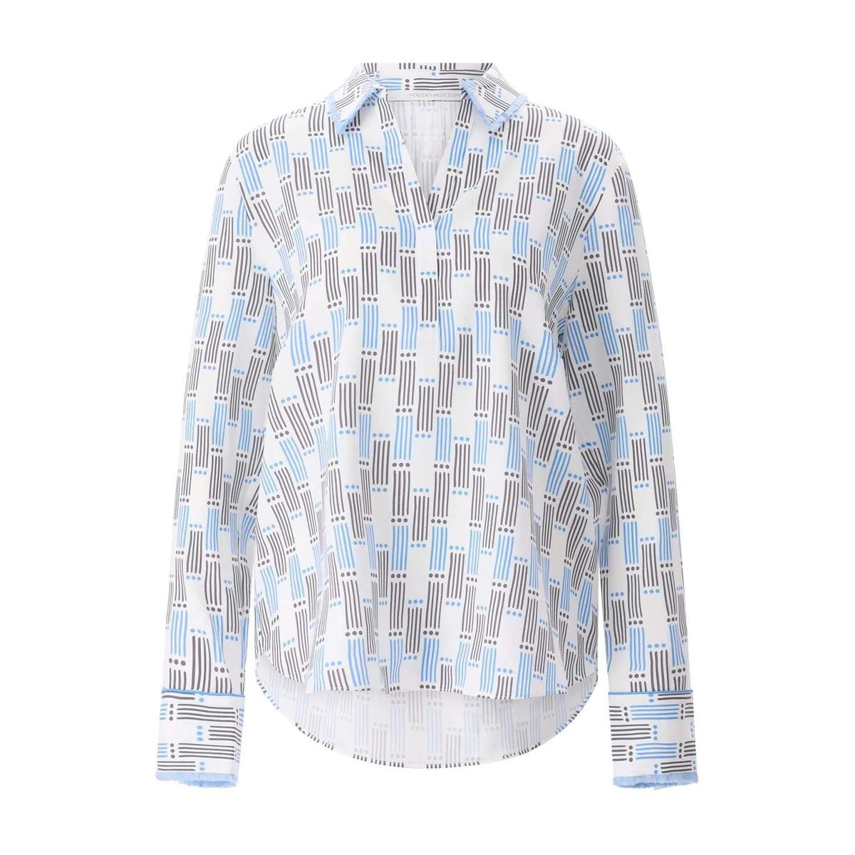 Gemusterte Seidenbluse mit Fransenkragen