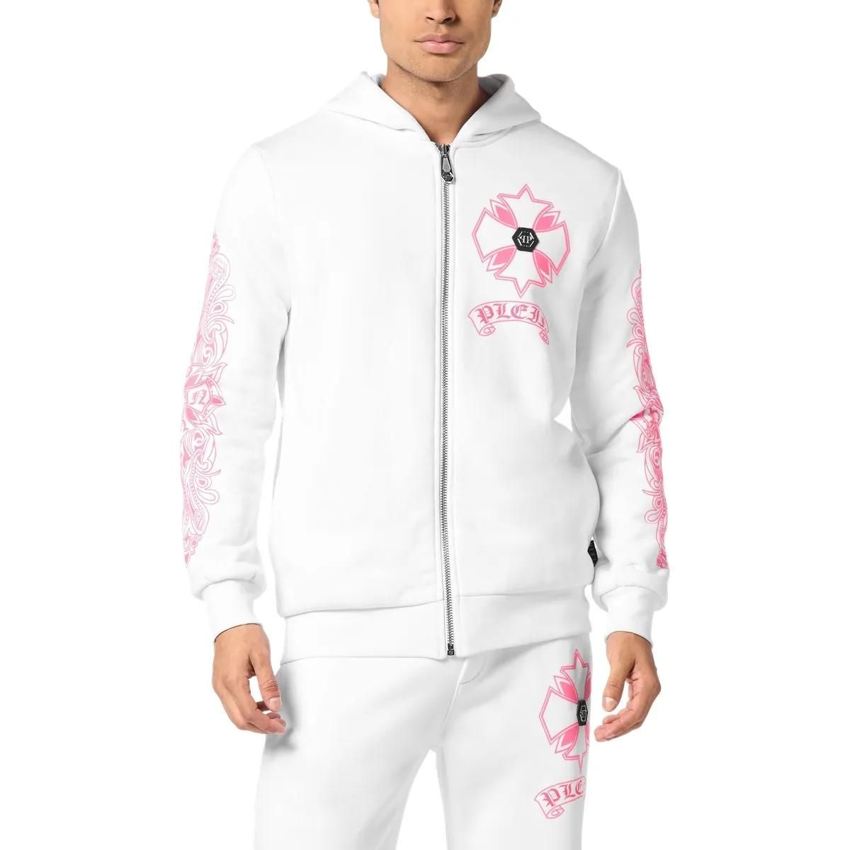 Weißer Zip-Up-Hoodie mit pinkfarbenem Print