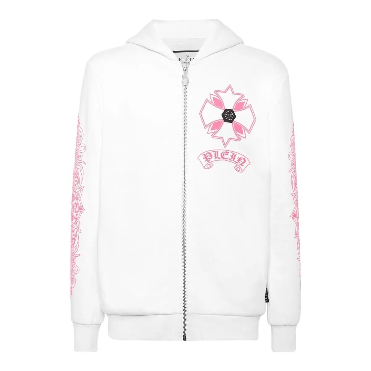 Weißer Zip-Up-Hoodie mit pinkfarbenem Print