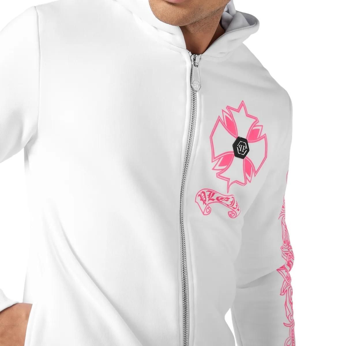Weißer Zip-Up-Hoodie mit pinkfarbenem Print
