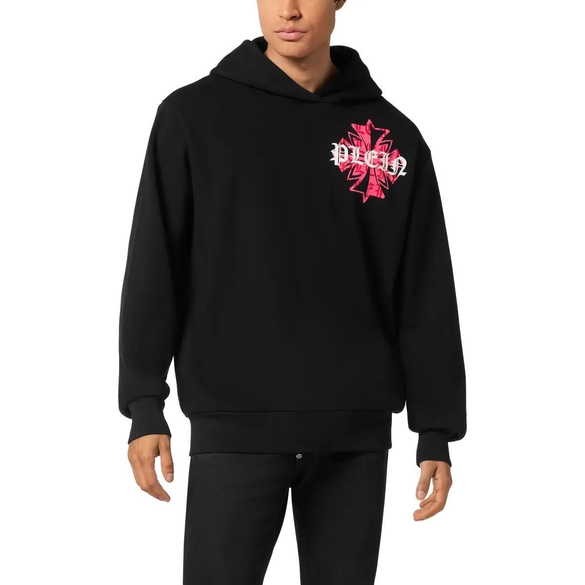 Schwarzes Baumwollfleece Wappen-Kapuzenpullover