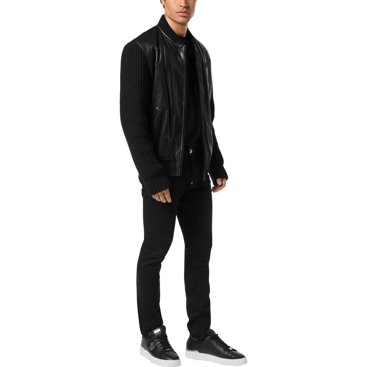 Leder-Bomberjacke mit Strickärmeln