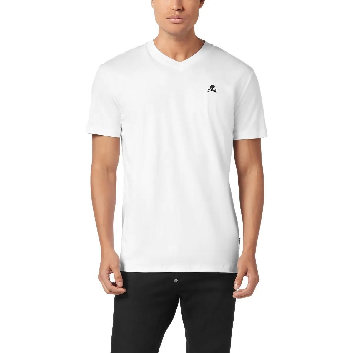 Minimalistisches Baumwoll-T-Shirt mit Totenkopfstickerei