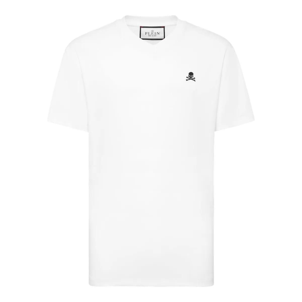 Minimalistisches Baumwoll-T-Shirt mit Totenkopfstickerei