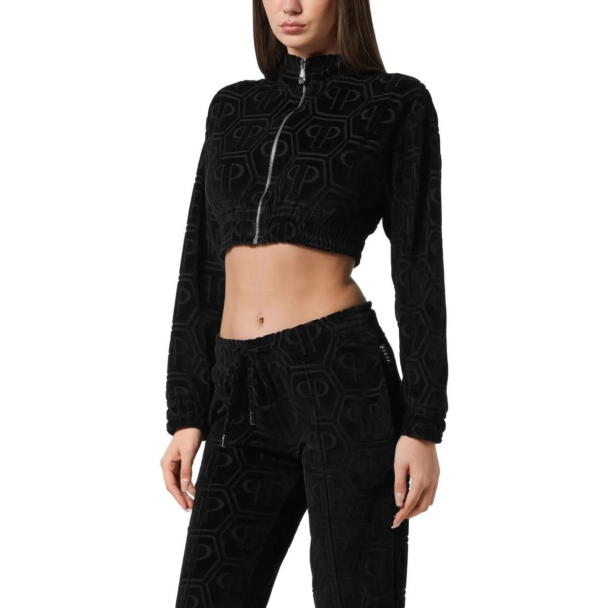 Kurze Monogramm Velours Jacke mit Reißverschluss