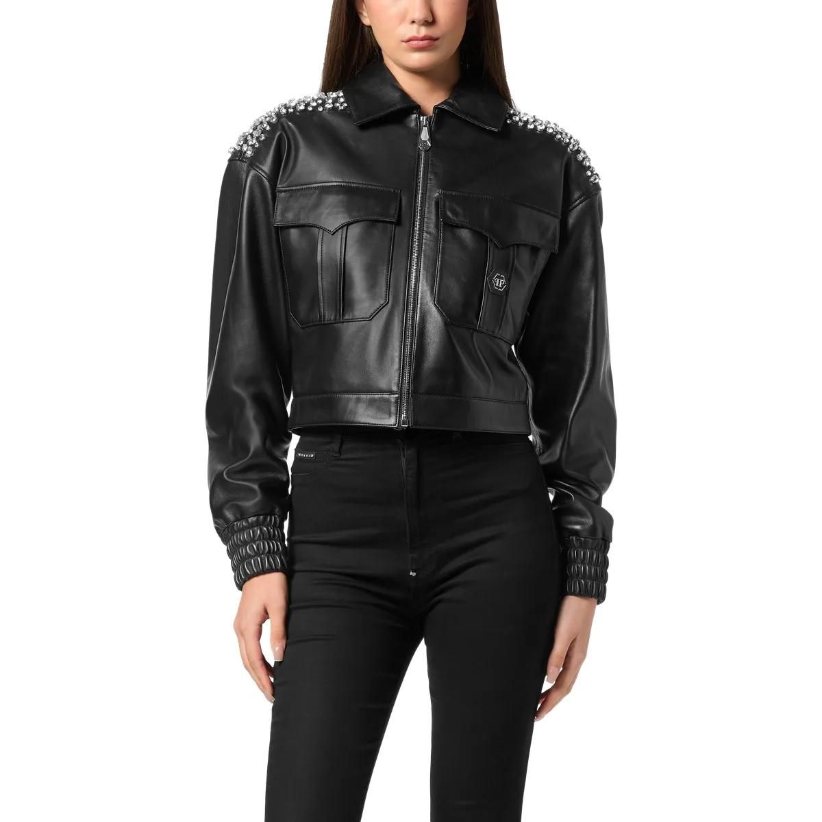 Verzierte Cropped Leder Bomberjacke