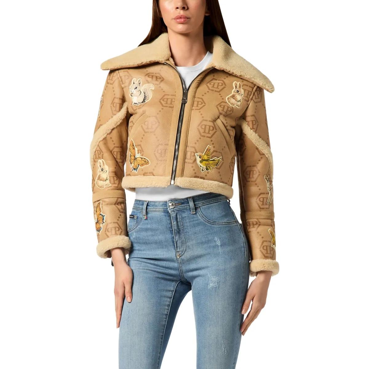 Aviator-Jacke aus Wildleder mit Shearling-Stickerei