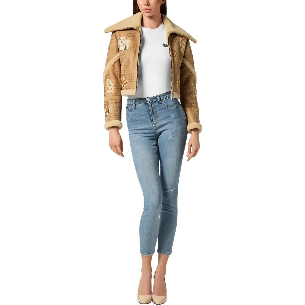 Aviator-Jacke aus Wildleder mit Shearling-Stickerei