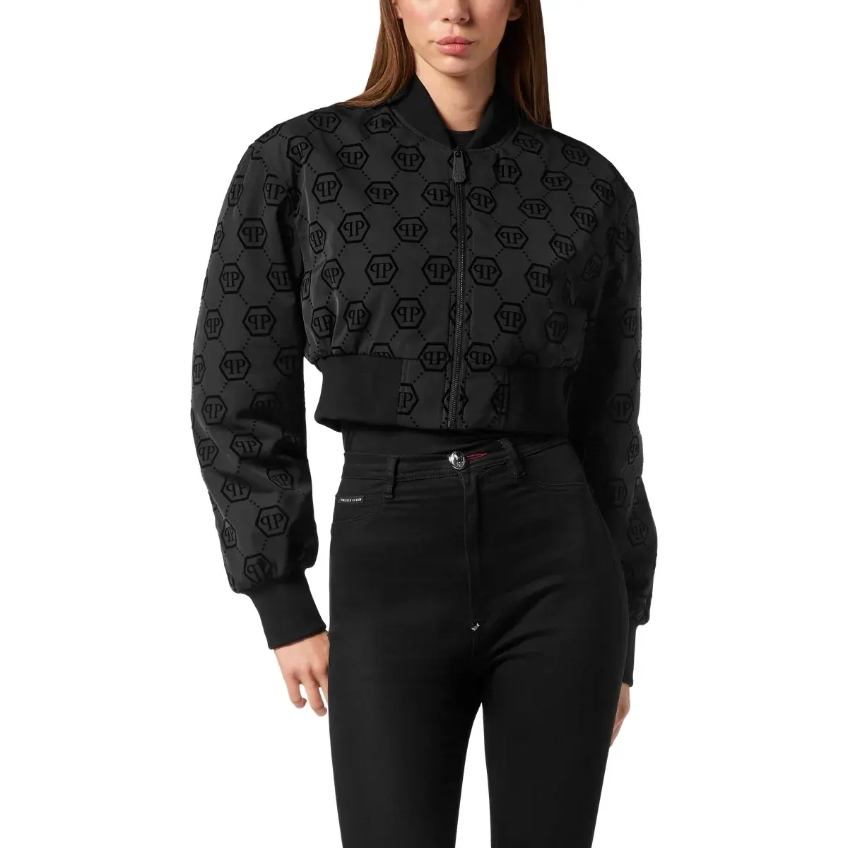 Kurze Bomberjacke aus Satin mit Monogramm