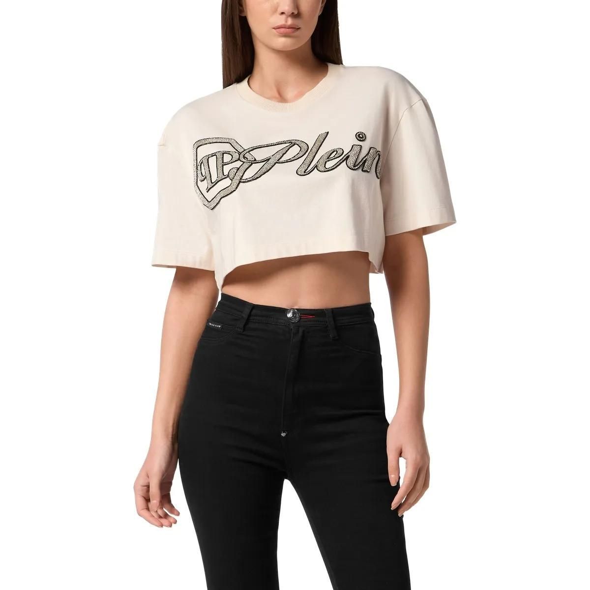 Cropped T-Shirt mit Logo-Verzierung