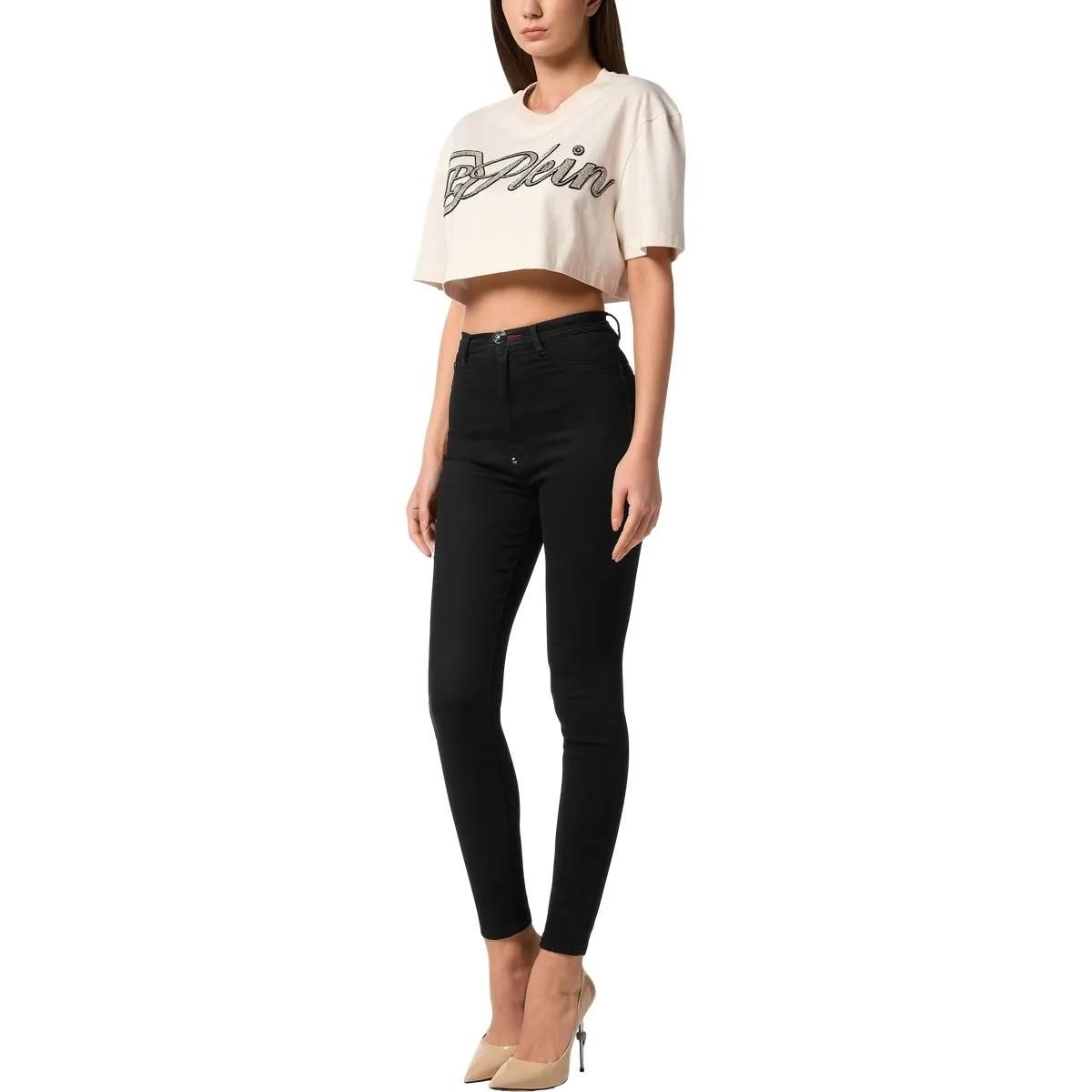 Cropped T-Shirt mit Logo-Verzierung