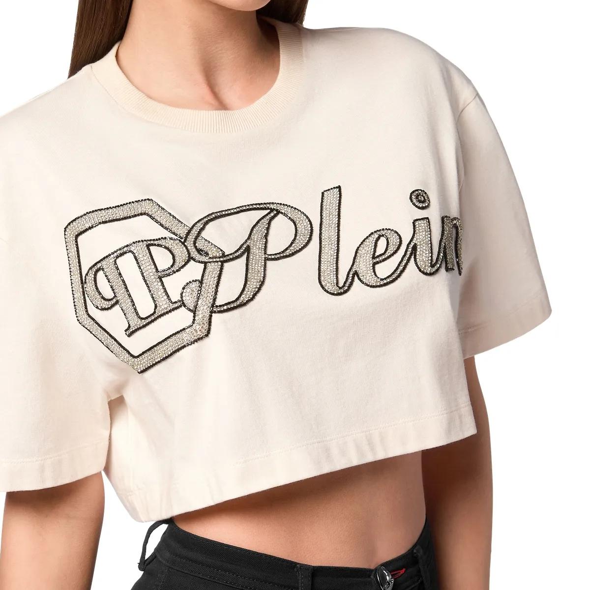 Cropped T-Shirt mit Logo-Verzierung