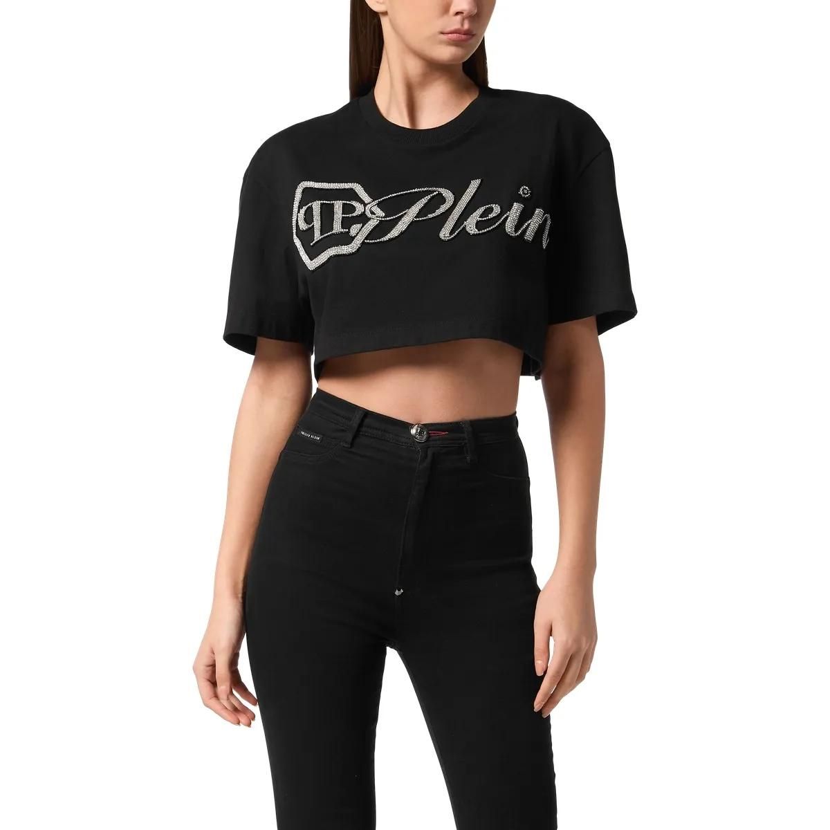 Crop-T-Shirt mit Strass-Logo