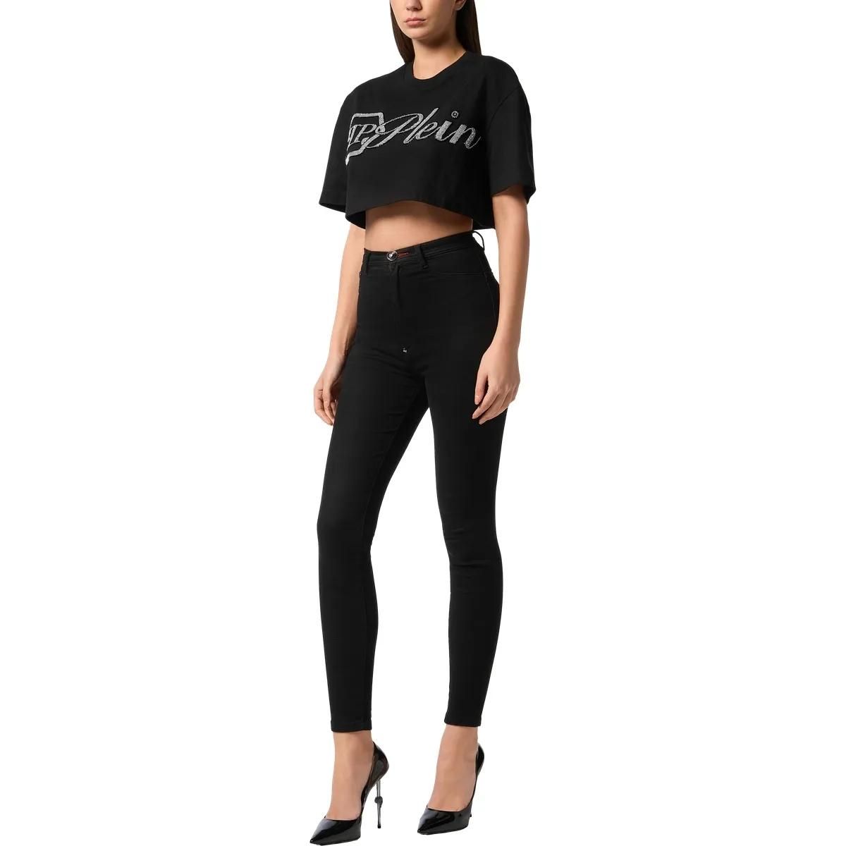 Crop-T-Shirt mit Strass-Logo
