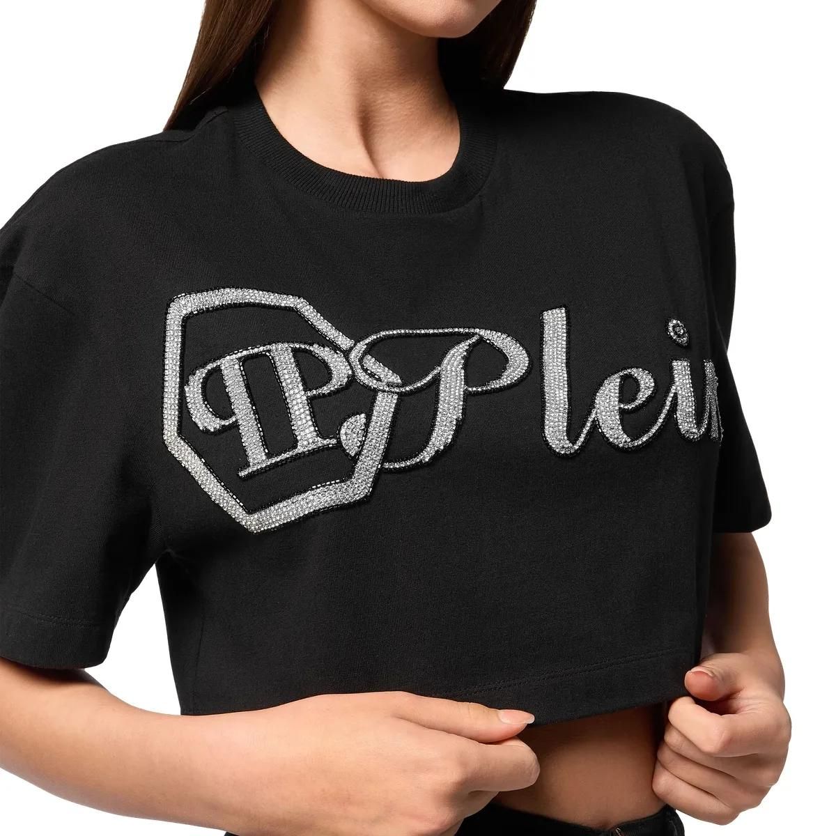 Crop-T-Shirt mit Strass-Logo