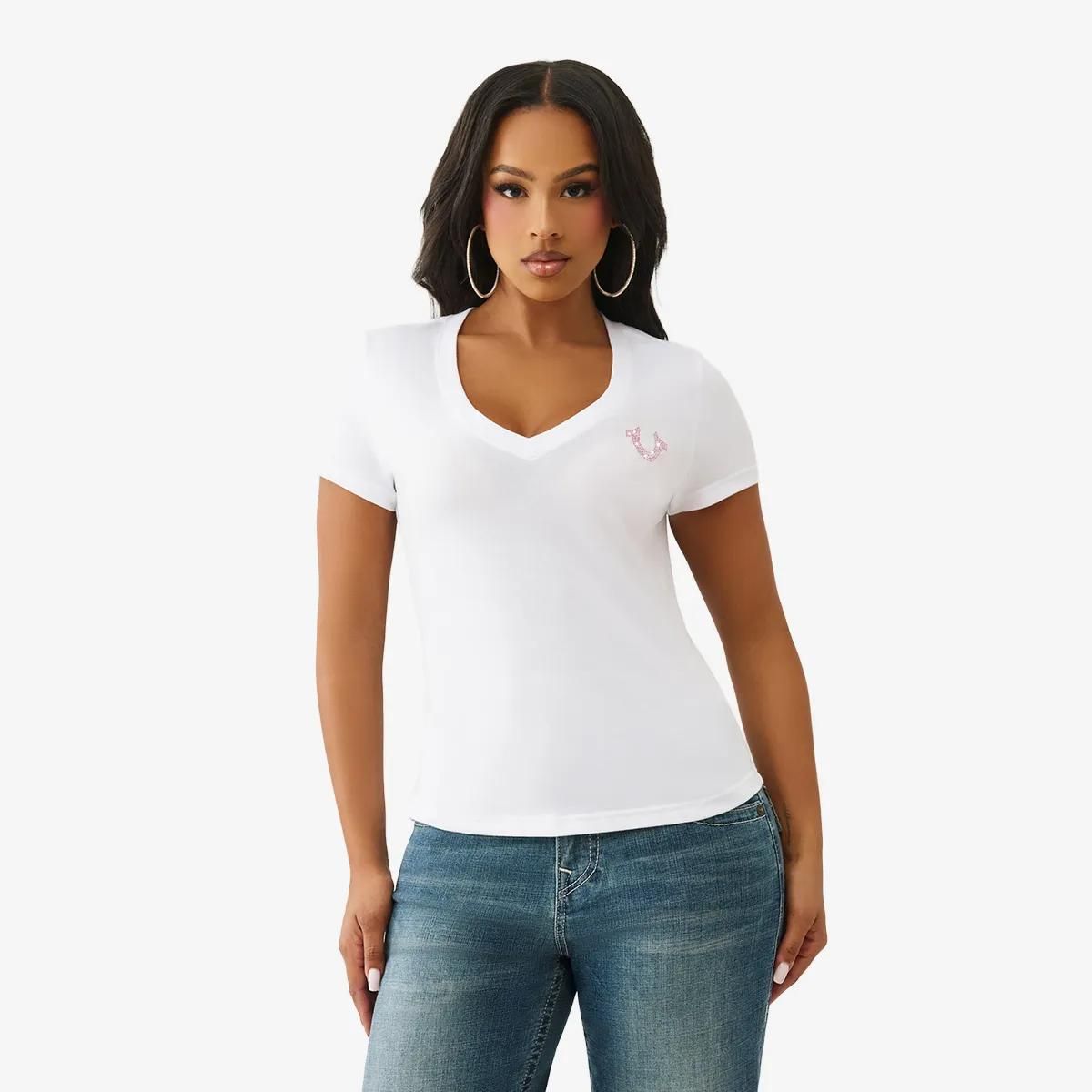 Damen V-Ausschnitt Strass T-Shirt