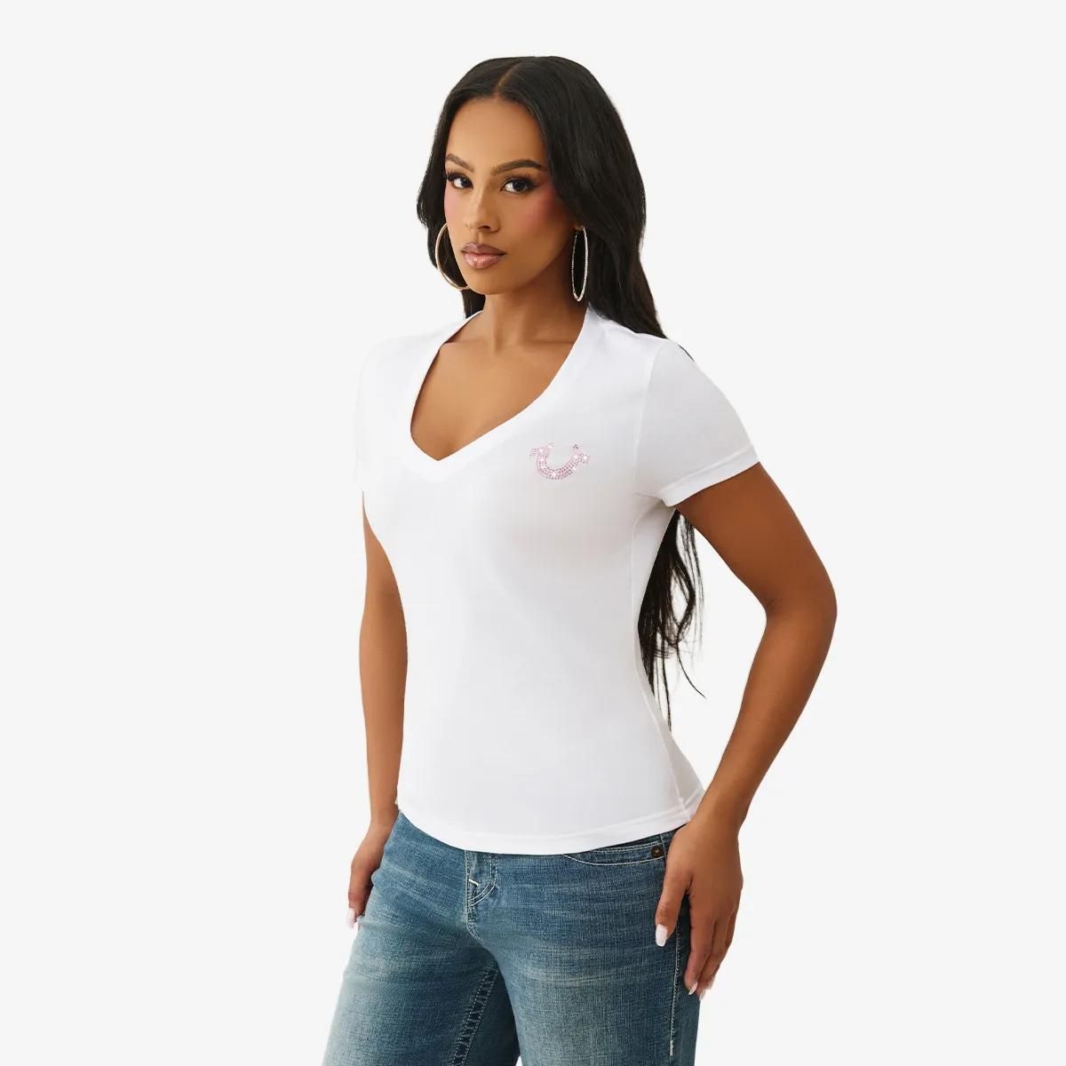 Damen V-Ausschnitt Strass T-Shirt