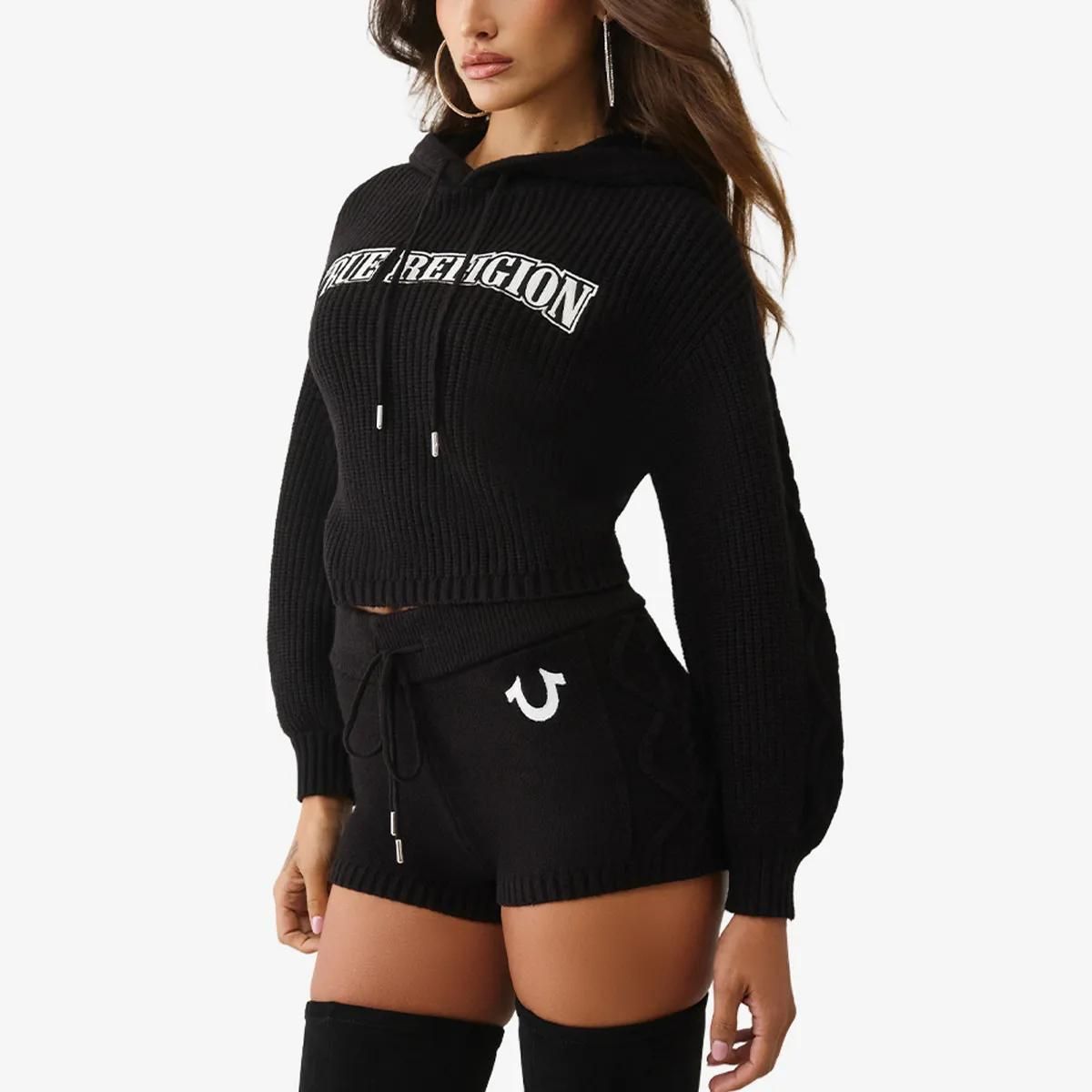 Kurzer Strick-Hoodie mit Stickerei