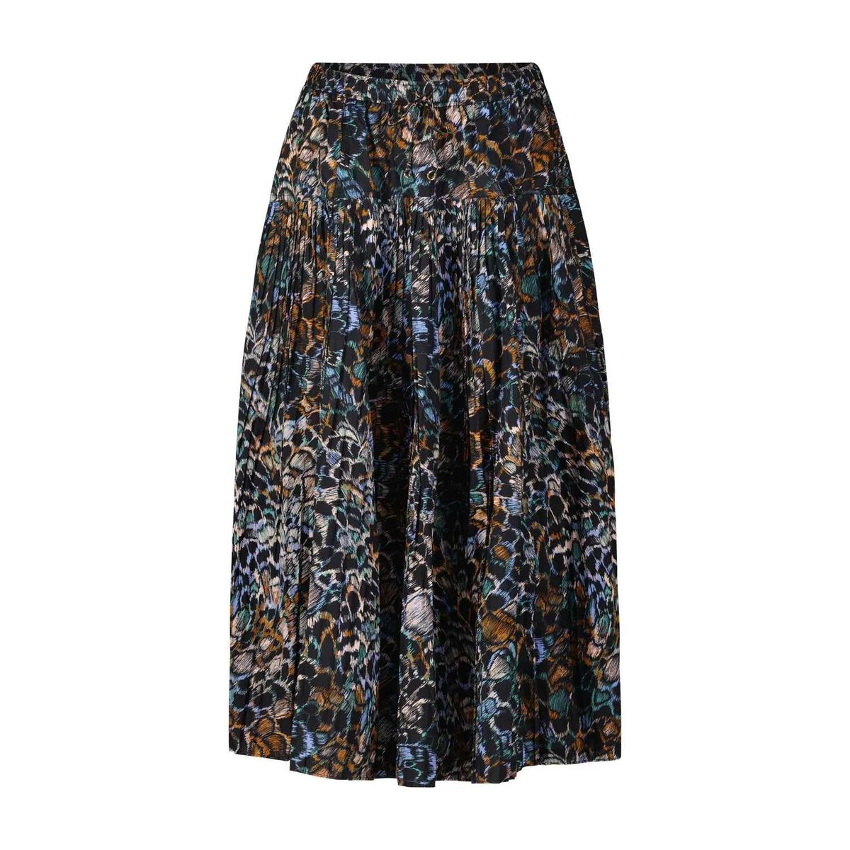Gemusterter Midi-Rock mit abstraktem Muster und Falten