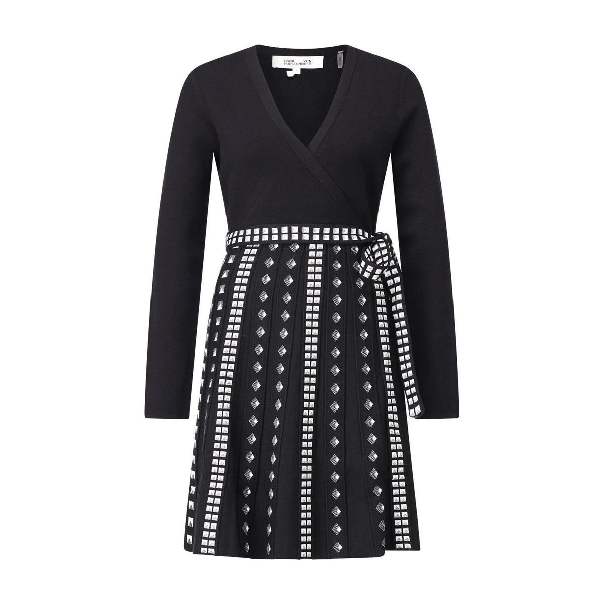 Elegantes Wickelstrickkleid mit gemustertem Rock