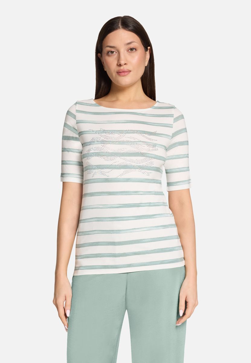 Gestreiftes Shirt mit U-Boot-Ausschnitt und Schmucksteinen