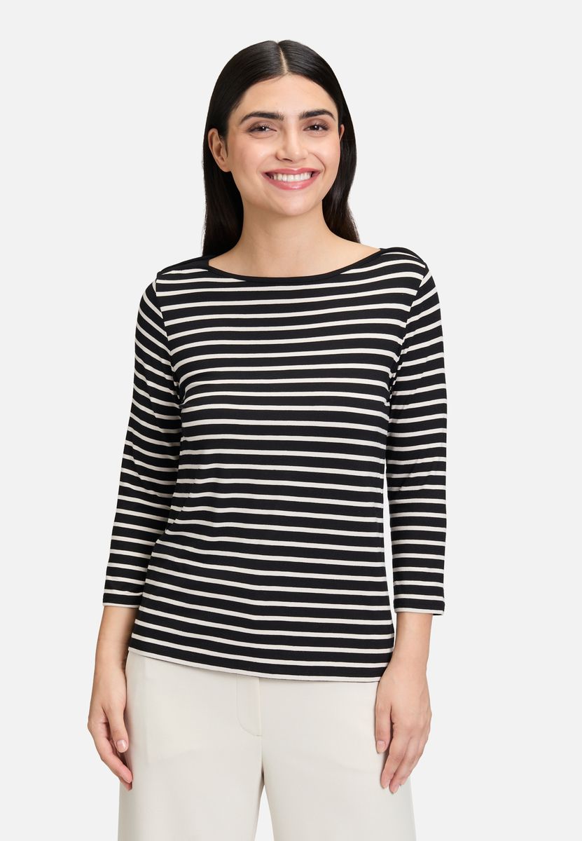 Gestreiftes Shirt mit U-Boot-Ausschnitt und Schmucksteinen