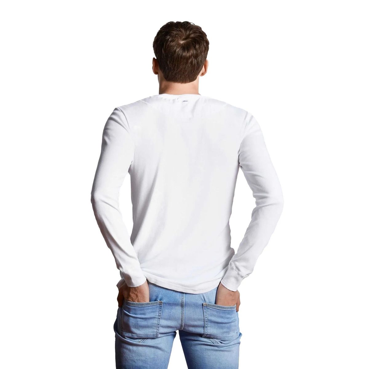 Weißes Feinripp-Henley Langarmshirt