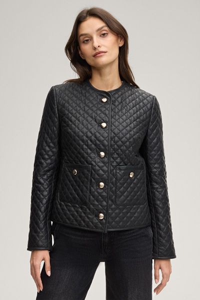 Joop! Schwarze gesteppte Lederjacke mit goldenen Knopfdetails