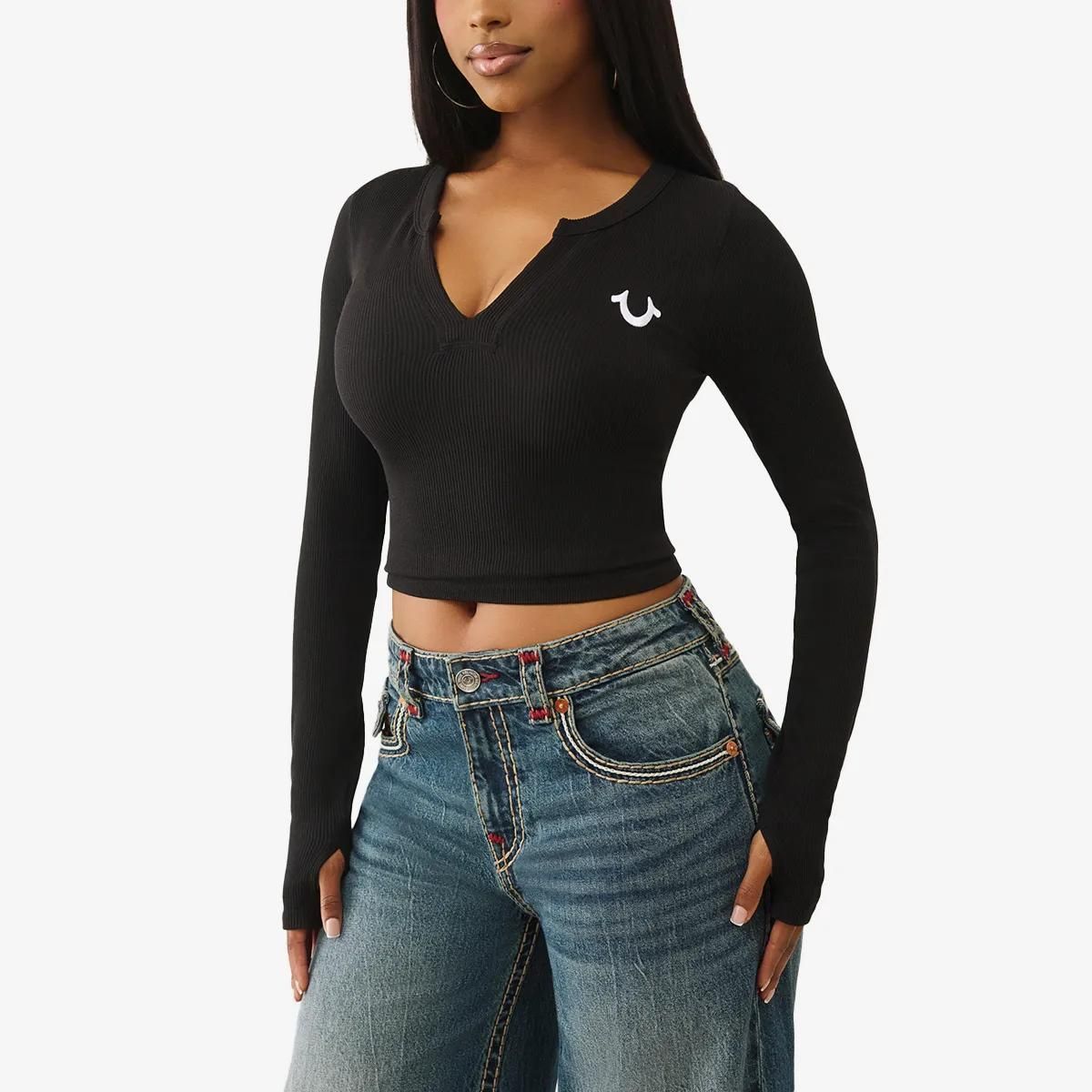 Geripptes, kurzgeschnittenes Langarmshirt