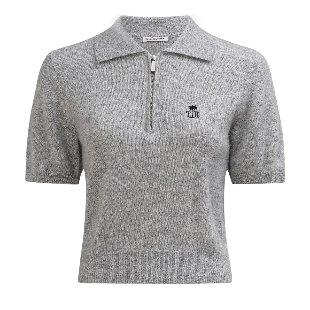 Graues Strick-Poloshirt mit Reißverschluss