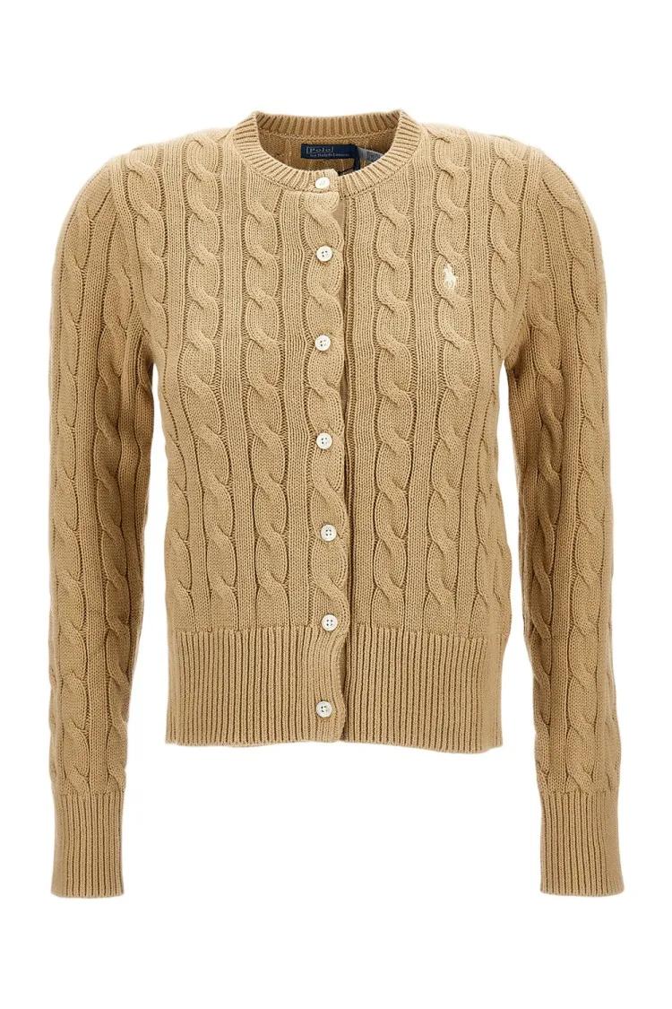 Strickjacke mit Zopfmuster und Sticklogo