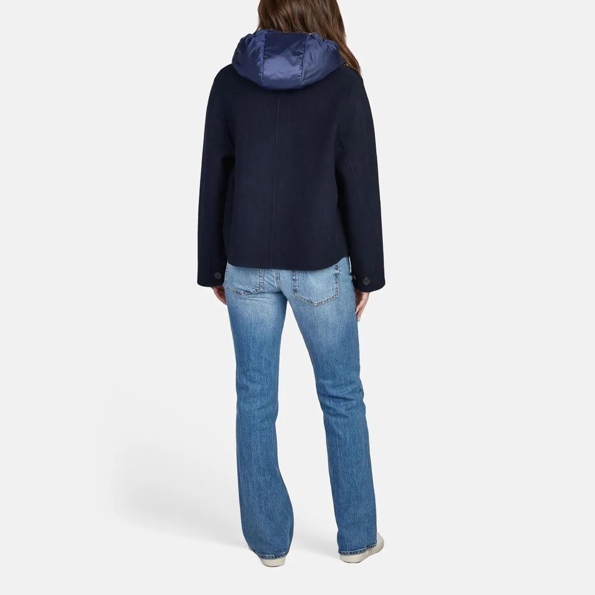 Marineblau Wollmischung Jacke Abnehmbare Kapuze