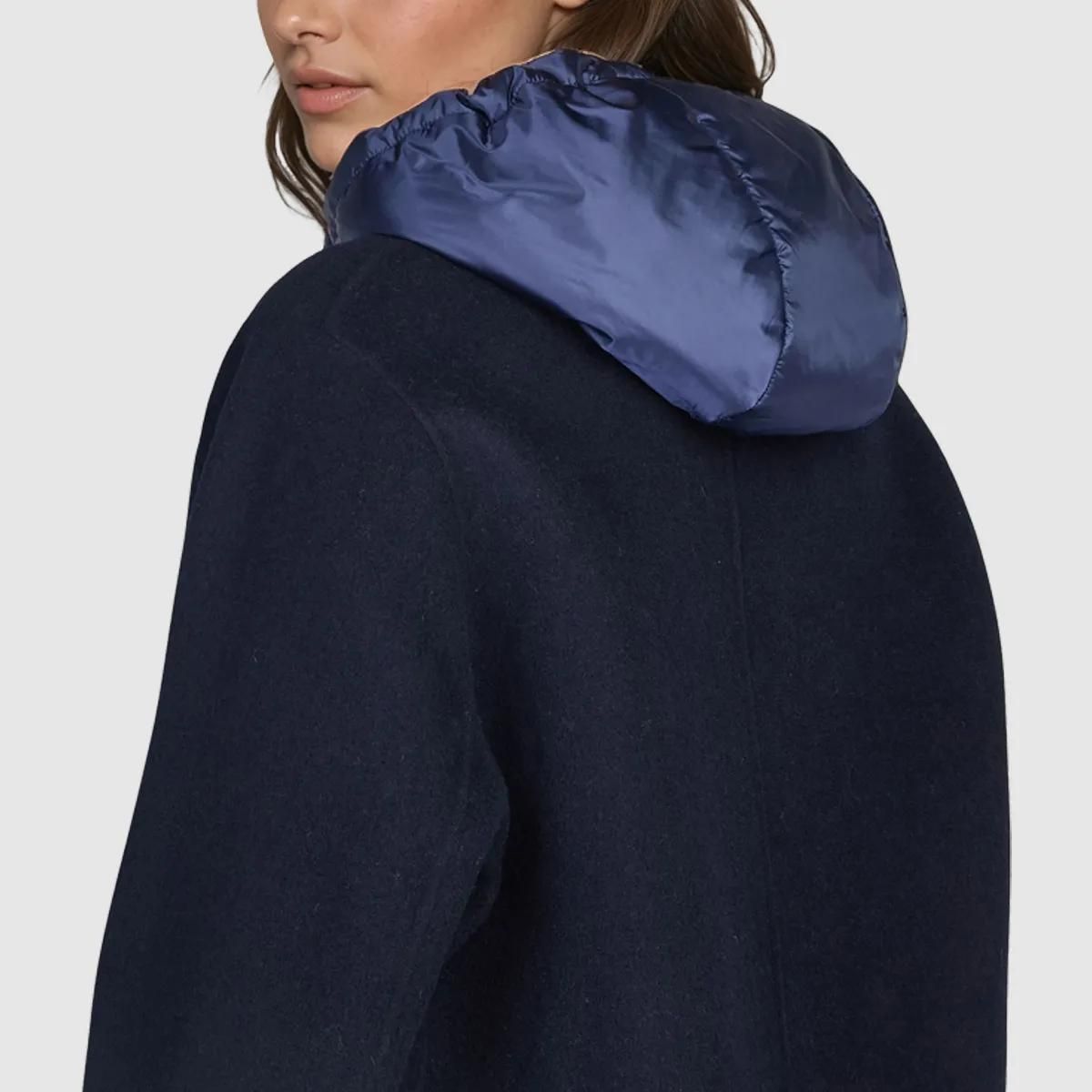 Marineblau Wollmischung Jacke Abnehmbare Kapuze
