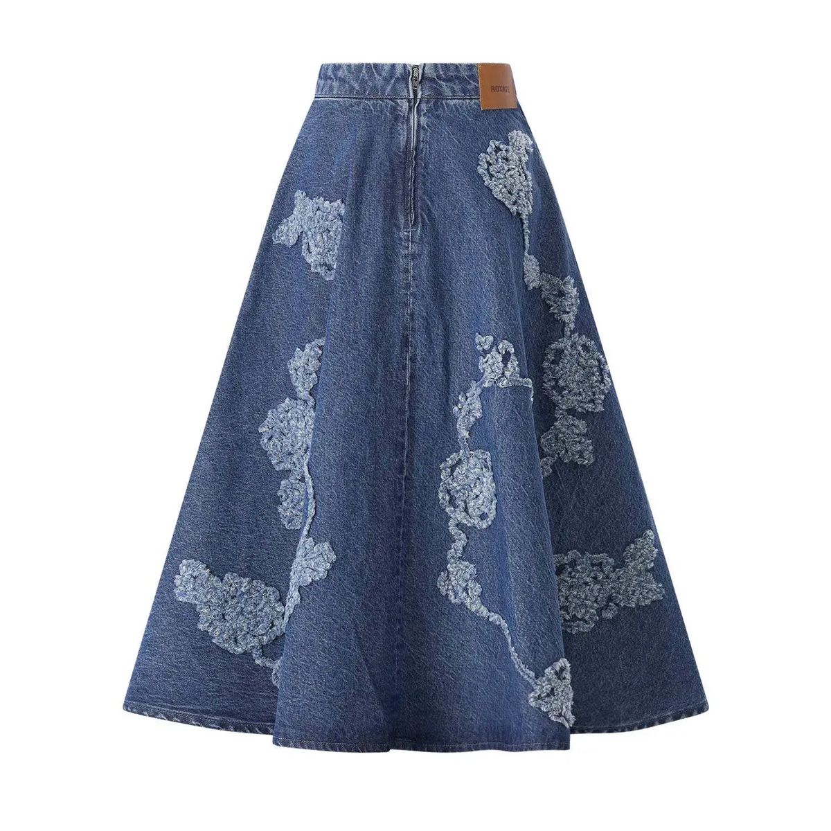 A-Linien-Midirock aus Denim mit Blumenstickerei