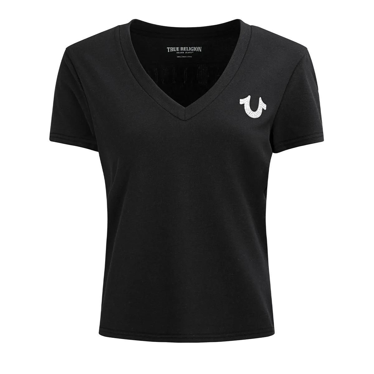 V-Ausschnitt T-Shirt mit Strass-Hufeisen