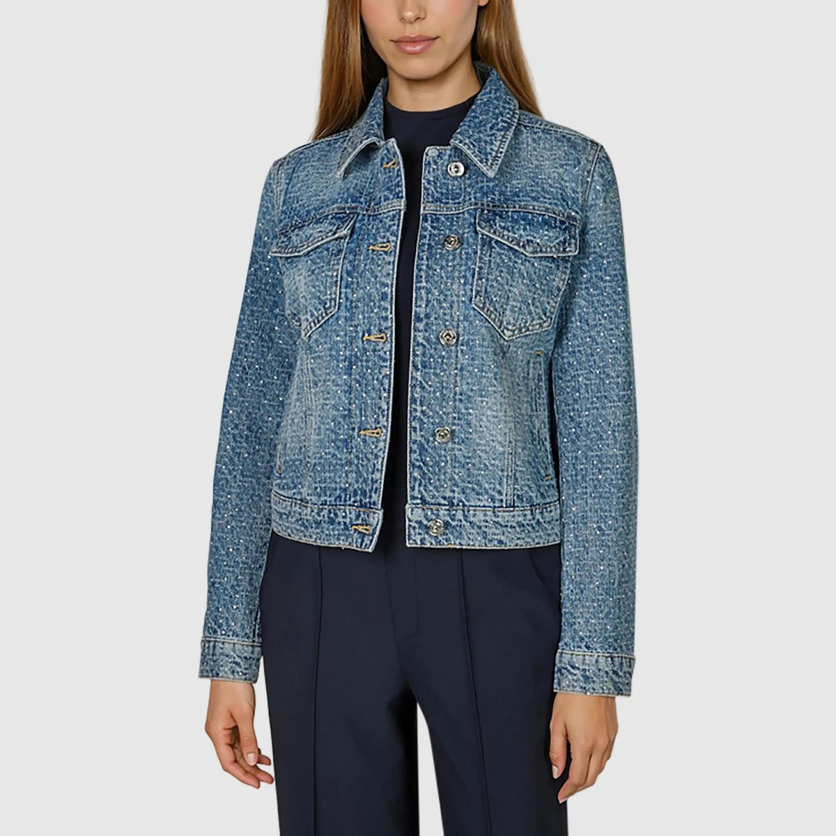 Jeansjacke mit Glitzersteinen, klassische Passform