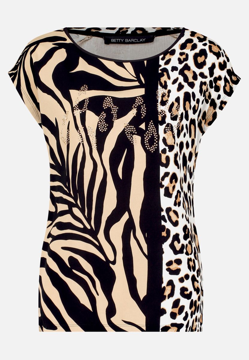 T-Shirt mit Animal-Print-Mix und Strasssteinen