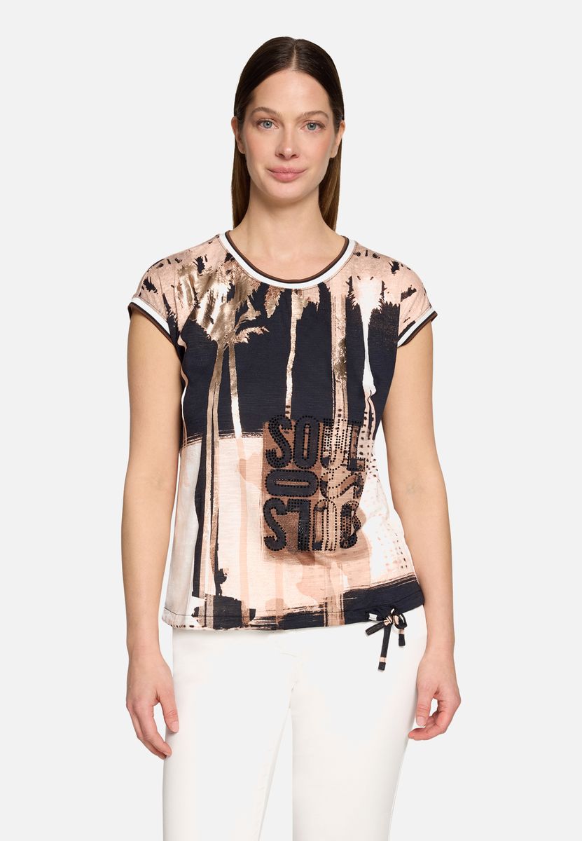T-Shirt mit tropischem Druck und Bindesaum