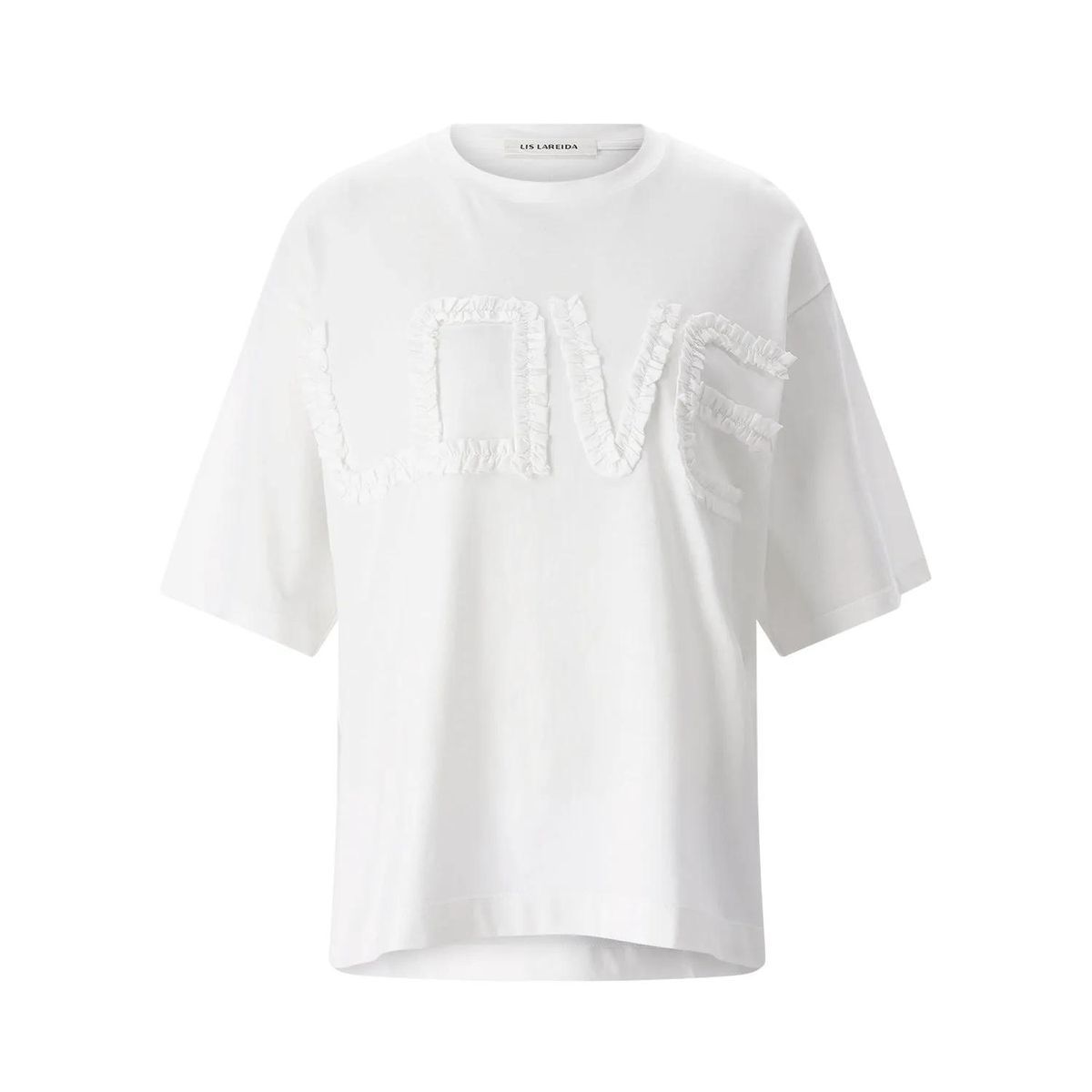 Weißes Baumwoll-T-Shirt mit Rüschenschriftzug LOVE