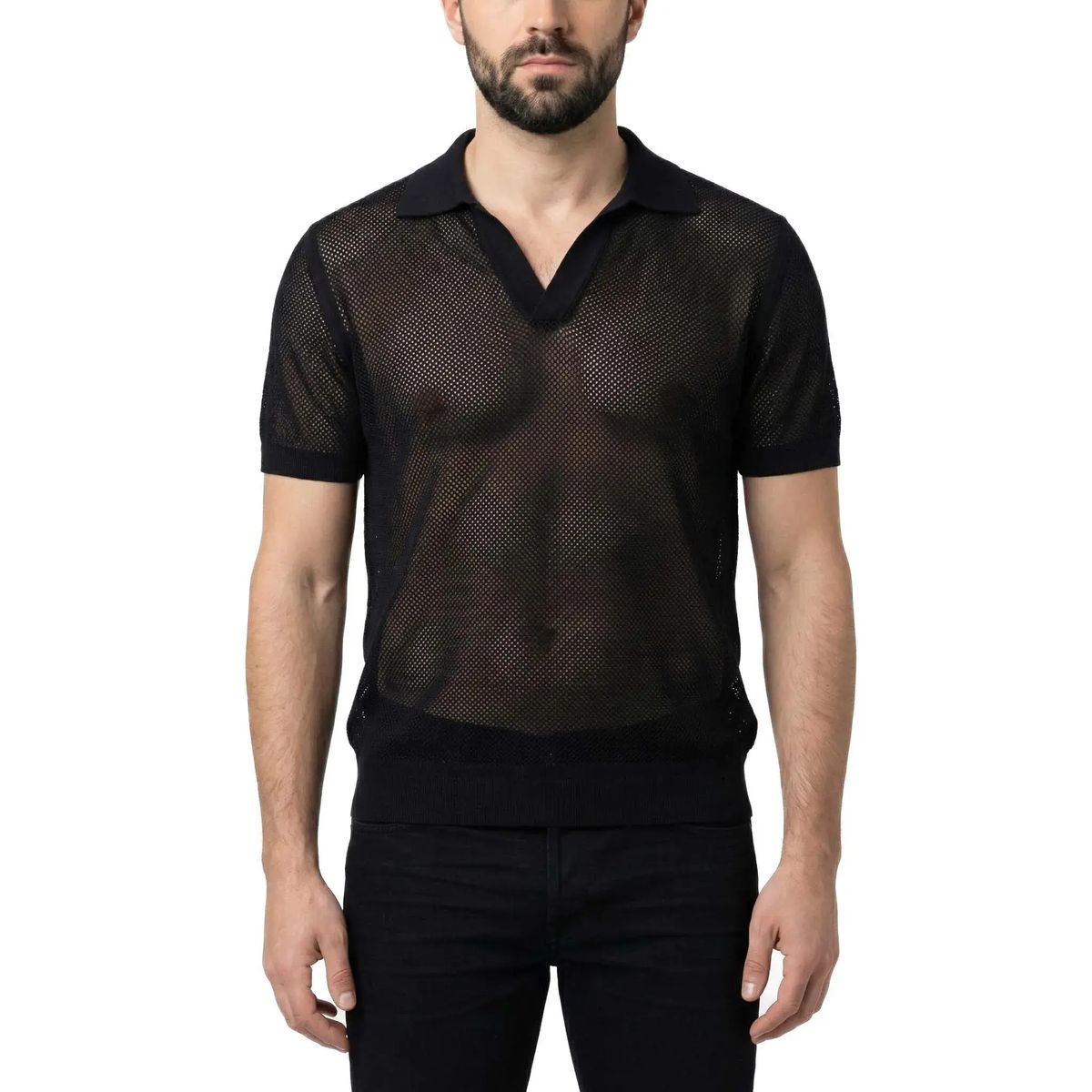 Schwarzes gehäkeltes Seiden-Poloshirt