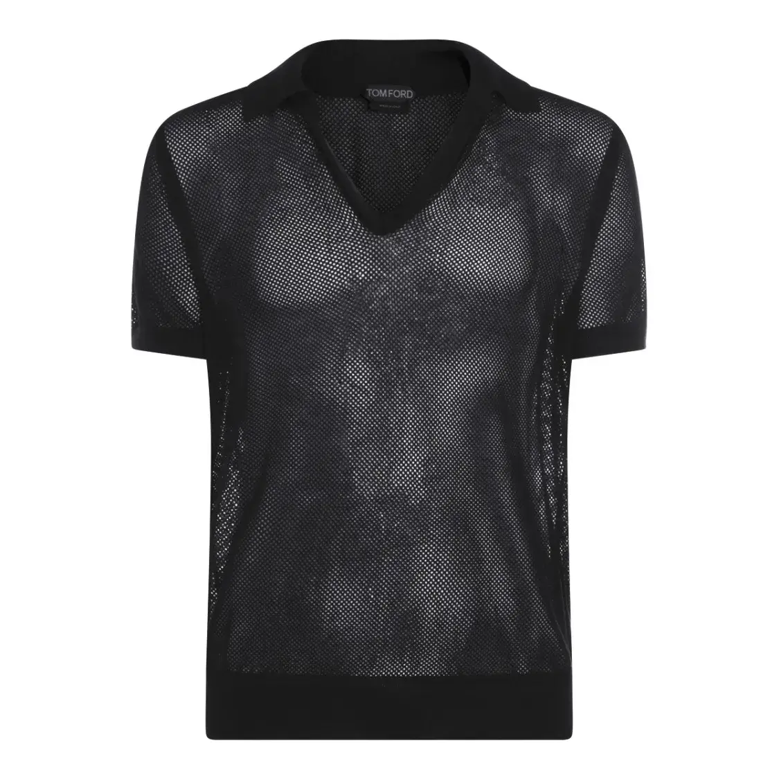 Schwarzes gehäkeltes Seiden-Poloshirt