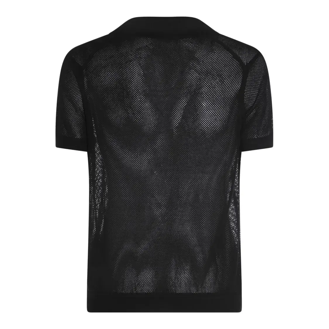 Schwarzes gehäkeltes Seiden-Poloshirt