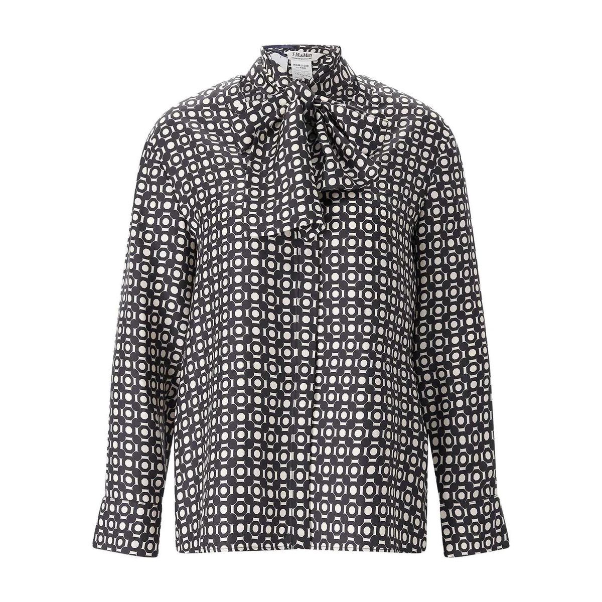 Seidenbluse mit geometrischem Muster und Bindekragen