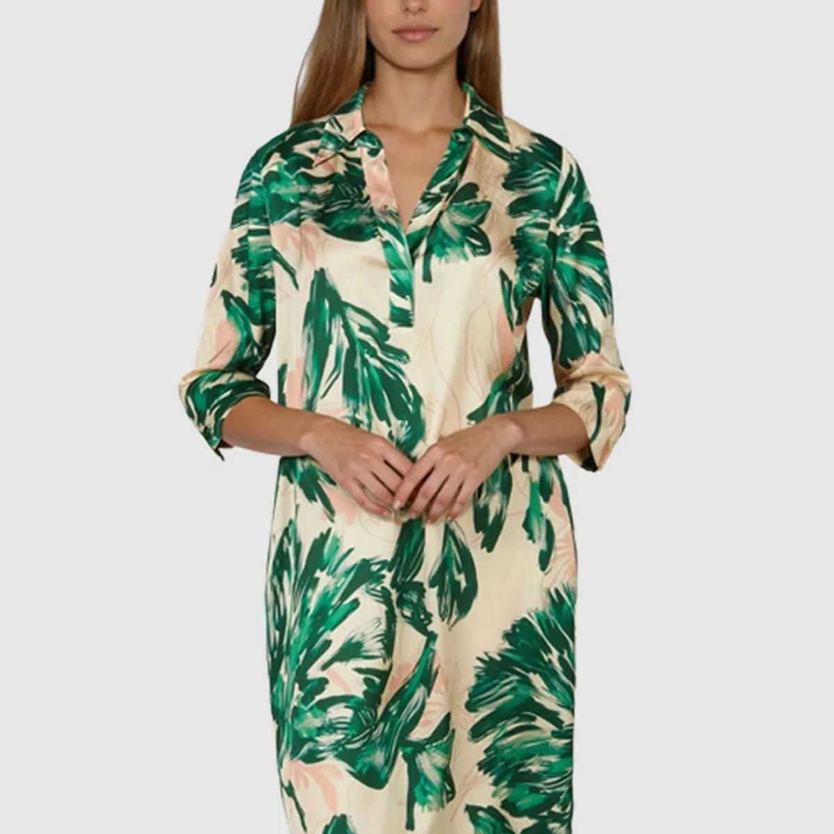 Viskose Hemdblusenkleid mit Blattdruck