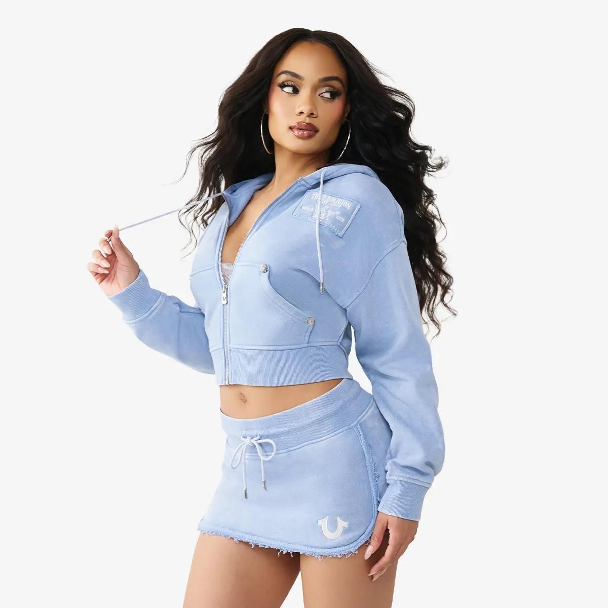 Kurzgeschnittener Vintage-Wasch-Kapuzenpullover mit Reißverschluss