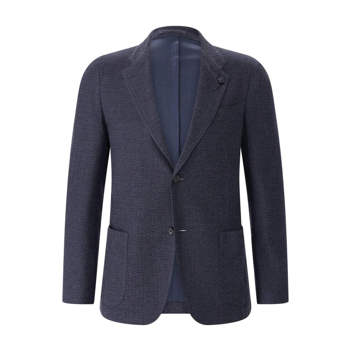 Blazer aus marineblauem Seidenmix mit Reversnadel