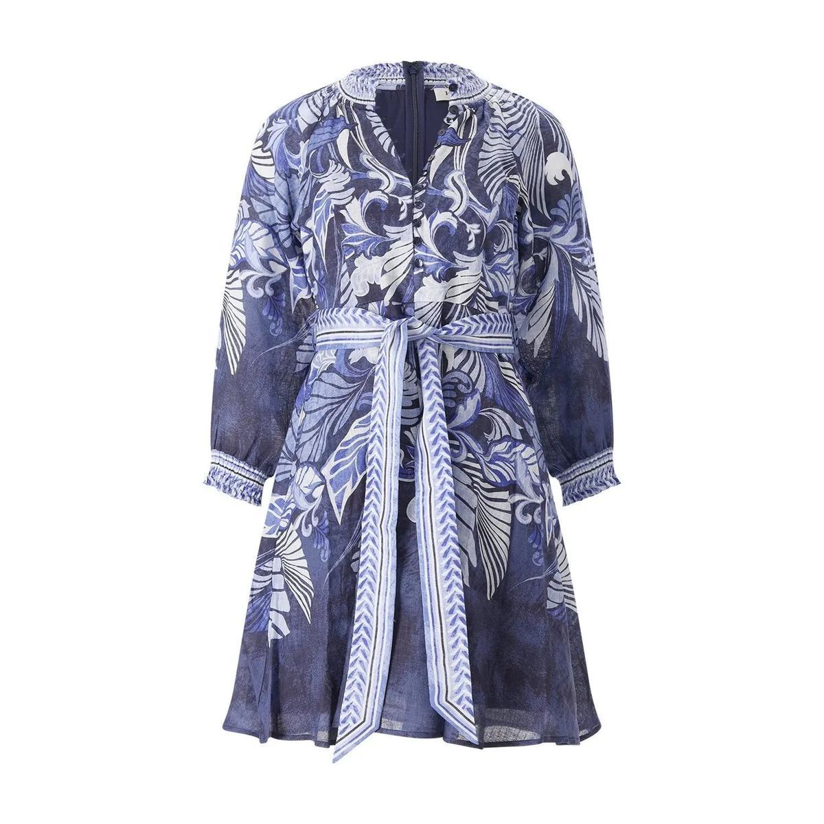 Mini-Leinenkleid mit Blumendruck und Gürtel