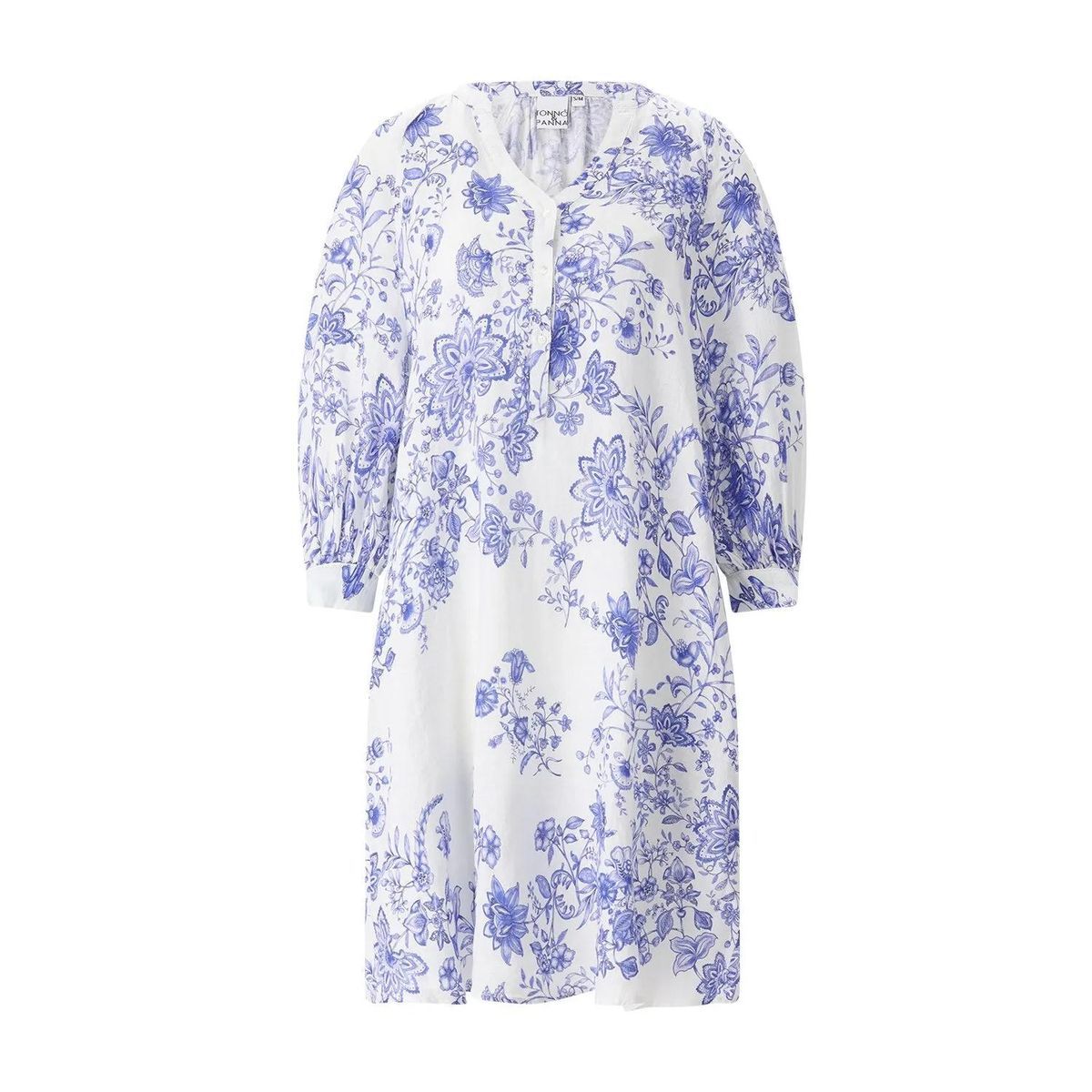 Blaues florales Leinen-Midikleid