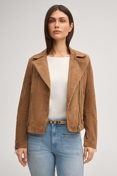 Joop! Hellbraune Wildleder Bikerjacke mit asymmetrischem Reißverschluss