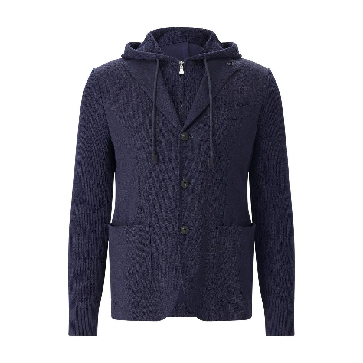 Marineblaue Strickjacke aus Baumwolle mit Kapuze